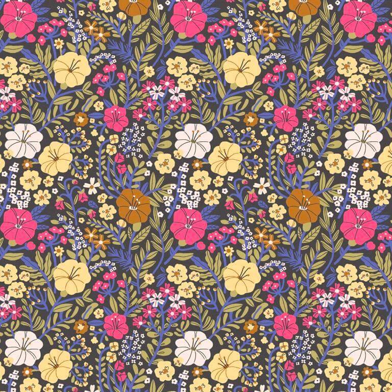 Blossom Garden FRENCH Cotton Poplin Fabric in Multi on Black