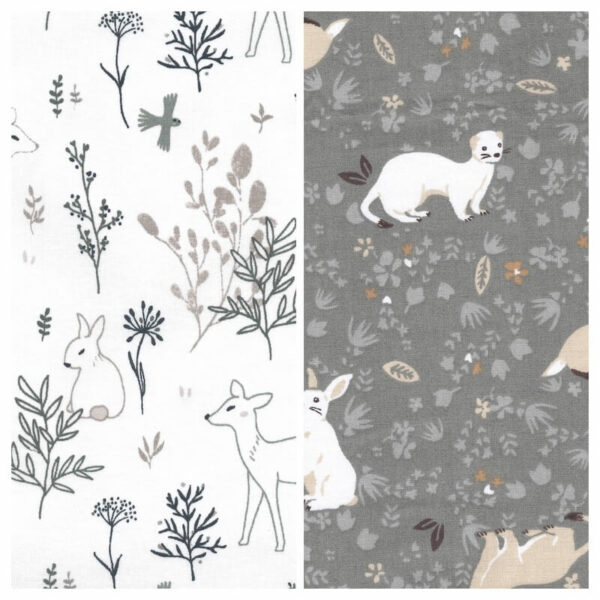 Coordinating larvik and Hermine badger and forest grey and white fabrics