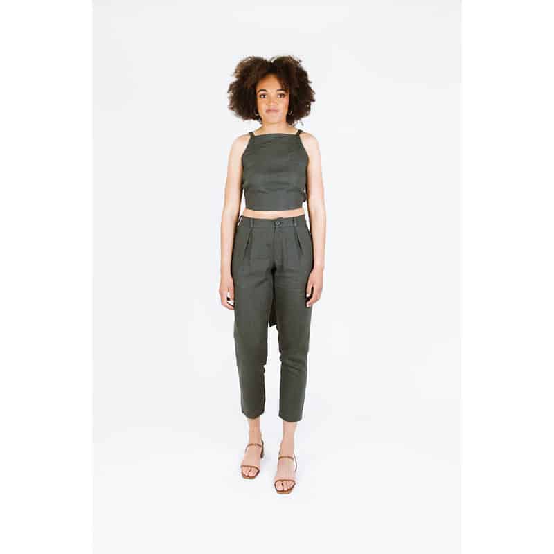 lady wearing grey papercut patterns trousers and top