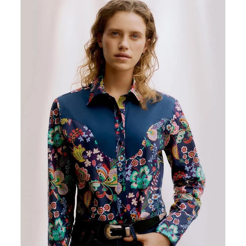 Fashion Model Wearing Liberty of London Sewing Patterns for Camargue Cowboy Shirt - Intermediate