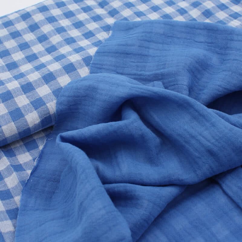 Cotton Reversible Double Gauze Gingham VICHY fabric in Azur