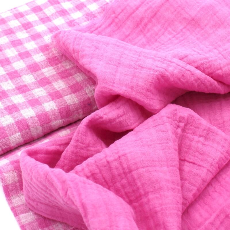 Cotton Reversible Double Gauze Gingham VICHY fabric in Bonbon