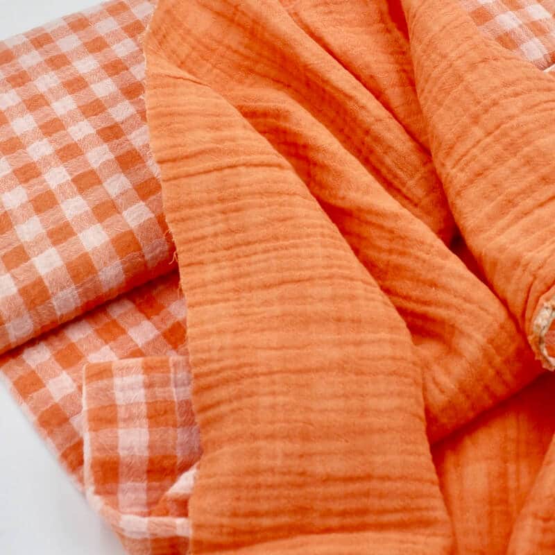Cotton Reversible Double Gauze Gingham VICHY fabric in Clementine