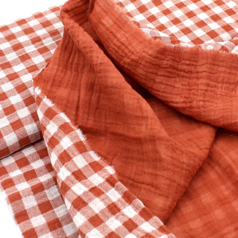 domotex reversible double gauze gingham check fabric in cognac 3