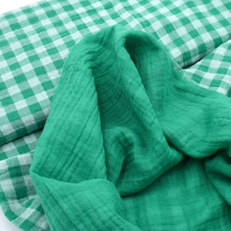 Cotton Reversible Double Gauze Gingham VICHY fabric in Grass