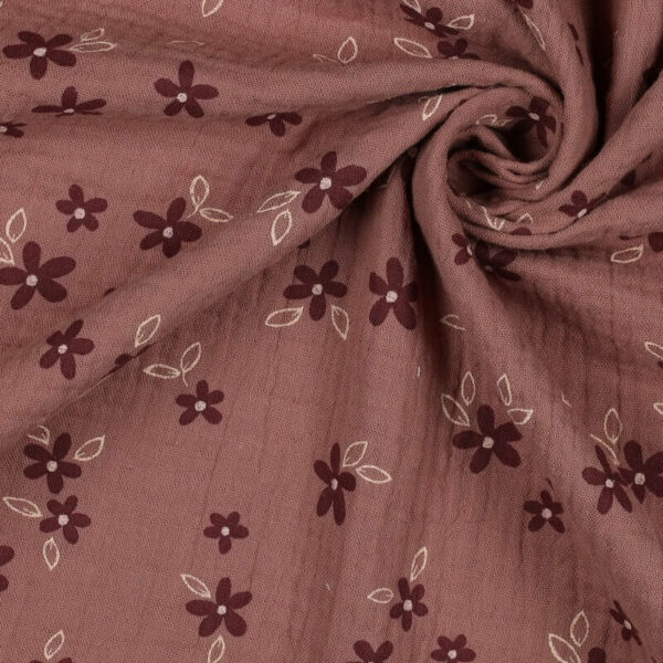 double gauze fabric in small flowers print in mauve