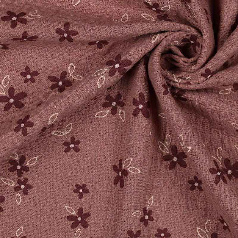 double gauze fabric in small flowers print in mauve