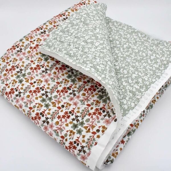 Double sided quilted cotton with fold in red grey and green
