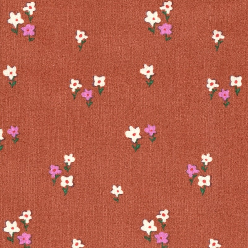 Printed cotton 21 Wale babycord needlecord Fabric in Joyflo2 Floral on Orange