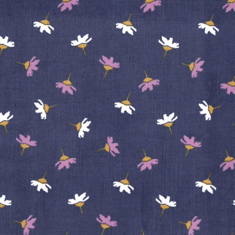 Printed Cotton 21 Wale babycord fabric in Nava Floral on Navy