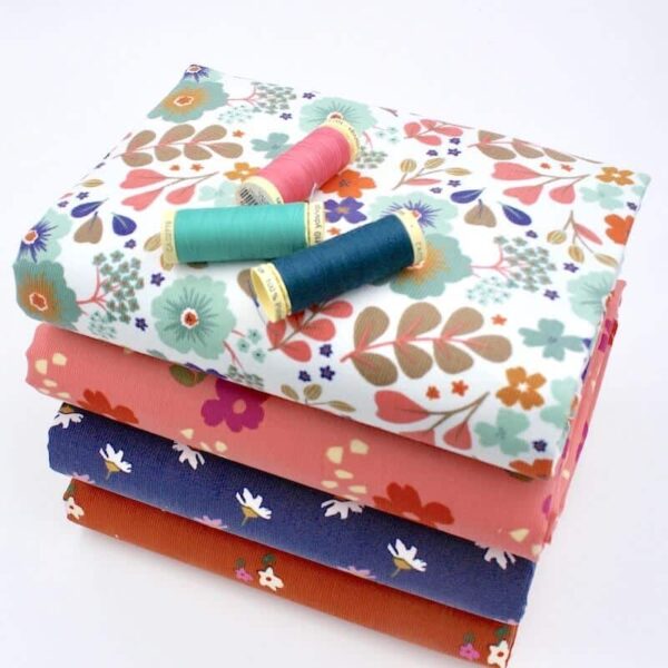 Bundle of  Floral Printed cotton 21 Wale babycord fabric with matching threads on top