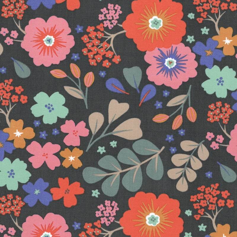 FRENCH COTTON lawn fabric in Dolores Floral in Multi on Black