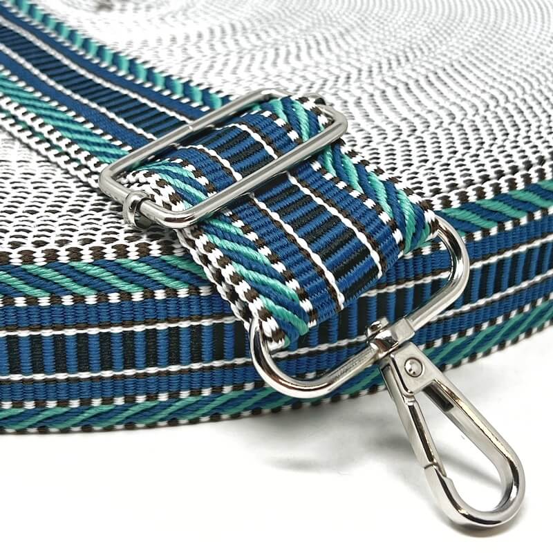 heavy duty webbing for bag straps in colourful geometric blue 1