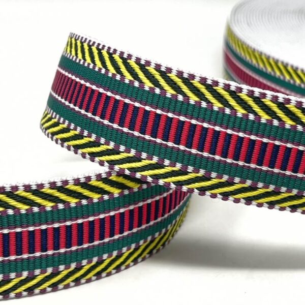 heavy duty webbing for bag straps in colourful geometric red green yellow 3