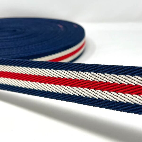 heavy duty webbing for bag straps in textured navy red stripe 2