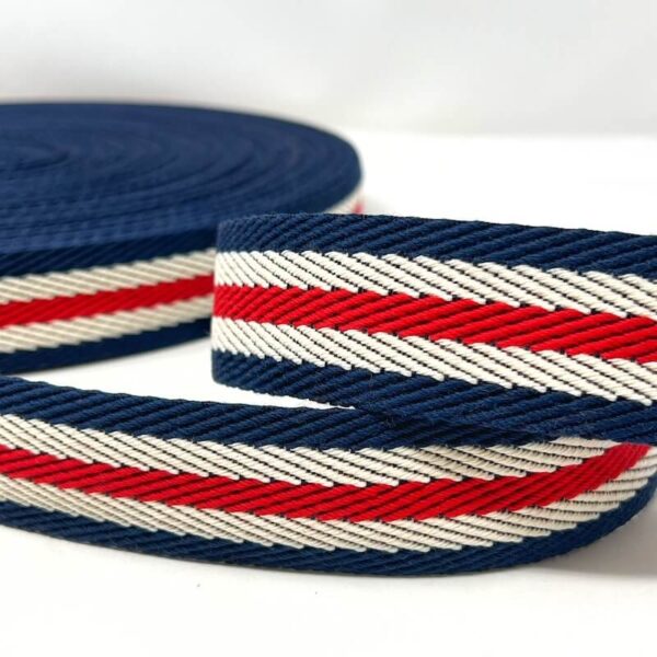 heavy duty webbing for bag straps in textured navy red stripe 3