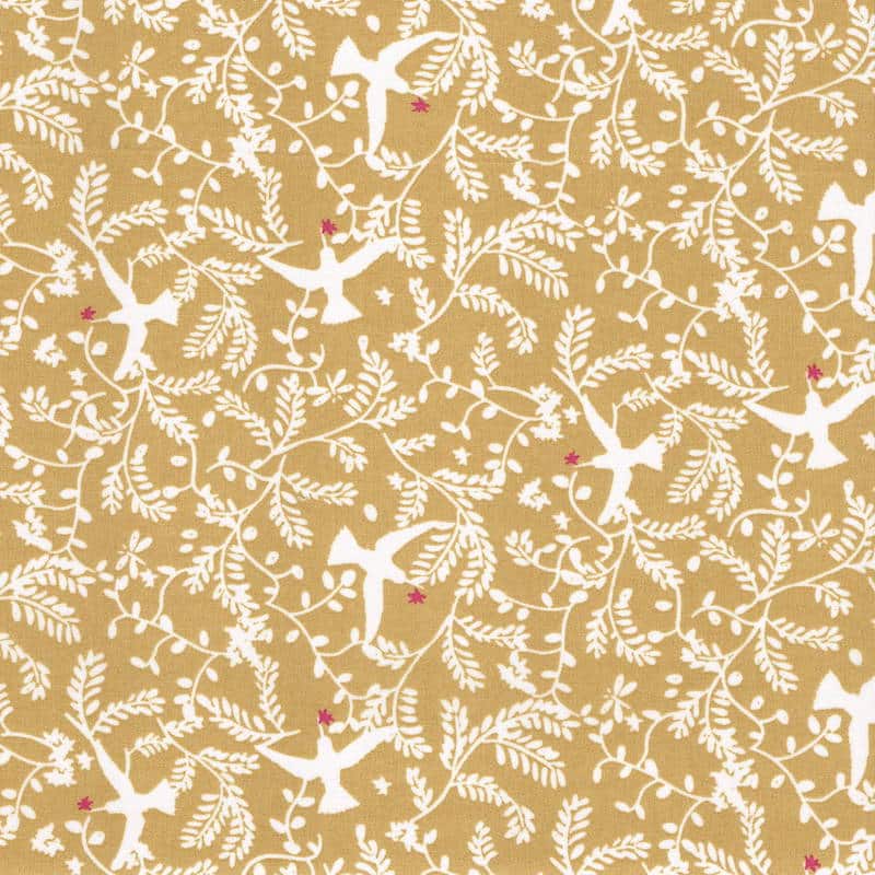 FRENCH COTTON lawn fabric in Lipao Swallows and Ferns in Pale Ochre