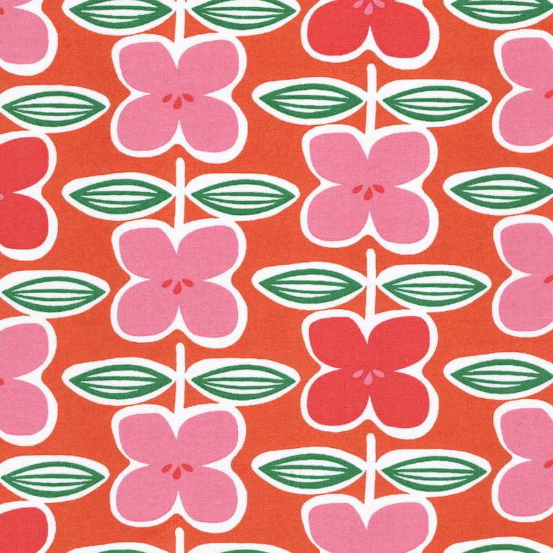 FRENCH COTTON lawn fabric in Nina Funky Floral in Pink on Orange
