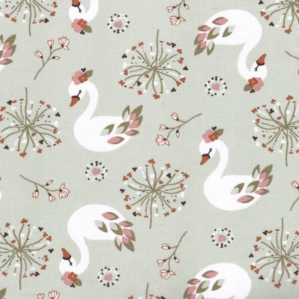 Pre Quilted Double Sided Reversible Cotton Fabric in Swans on Green and Red Hearts A10 2