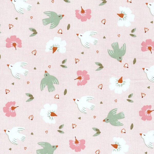 Pre Quilted Double Sided Reversible Cotton Fabric in Adeal Birds Pink and Biona Sage B4 2