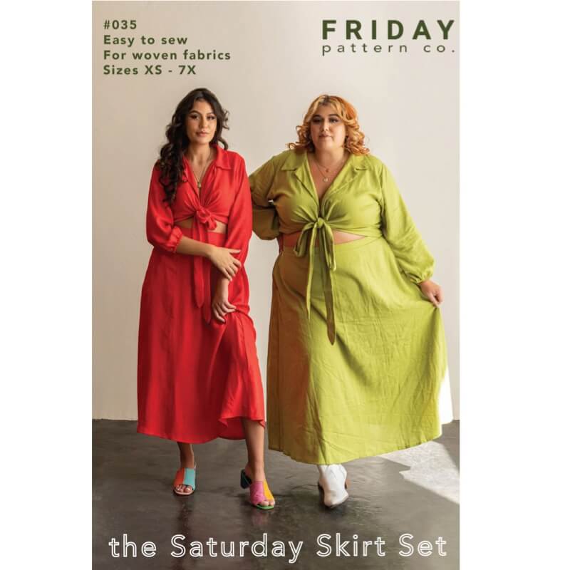 Envelope with model wearing Friday Pattern Company Saturday Skirt Set