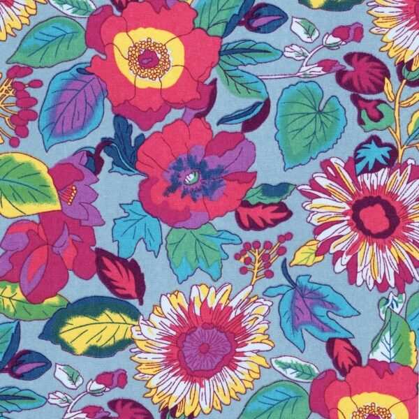 Vibrant Multi Floral on Blue Cotton Fabric in Bryony 1