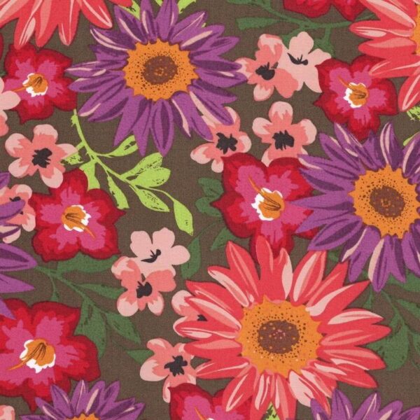 Vibrant Multi Floral on Brown Cotton Fabric in Lucia 1