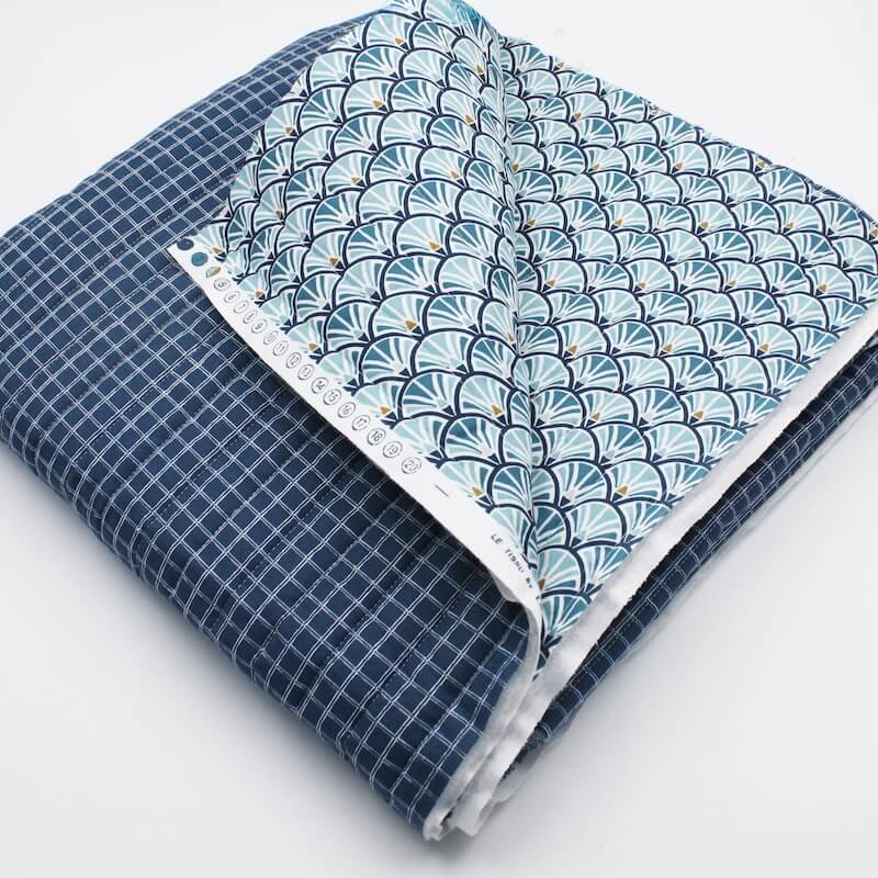 Pre Quilted Double Sided Reversible Cotton Fabric in Jules Grid Blue and Jacinthe_Blue B8 1