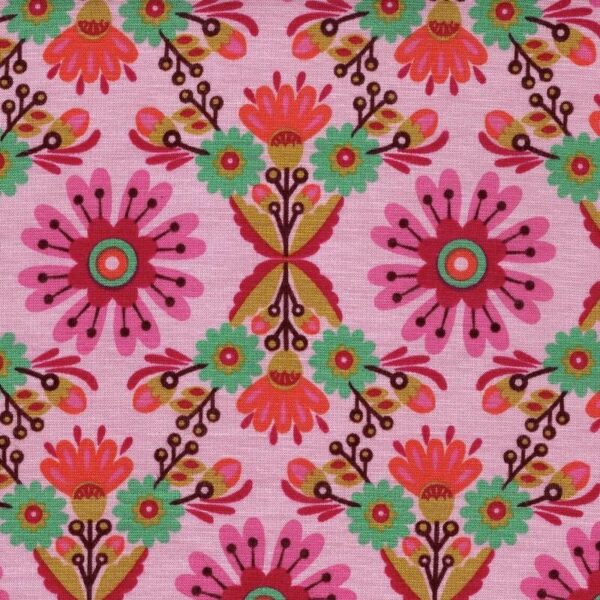 Vibrant Floral on Pink Fleece Back Jersey Fabric in Alpen 4