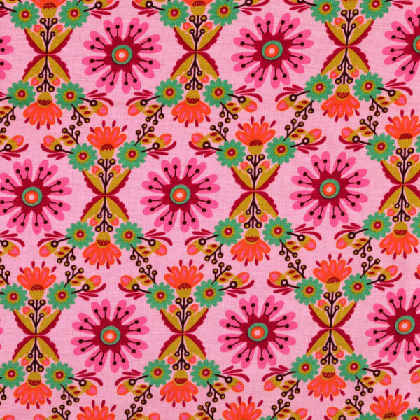 Vibrant Floral on Pink Fleece Back Jersey Fabric in Alpen 2