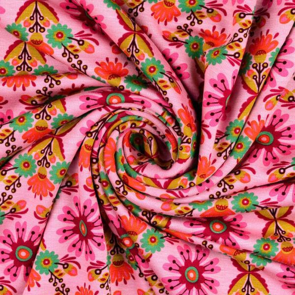 Vibrant Floral on Pink Fleece Back Jersey Fabric in Alpen 1