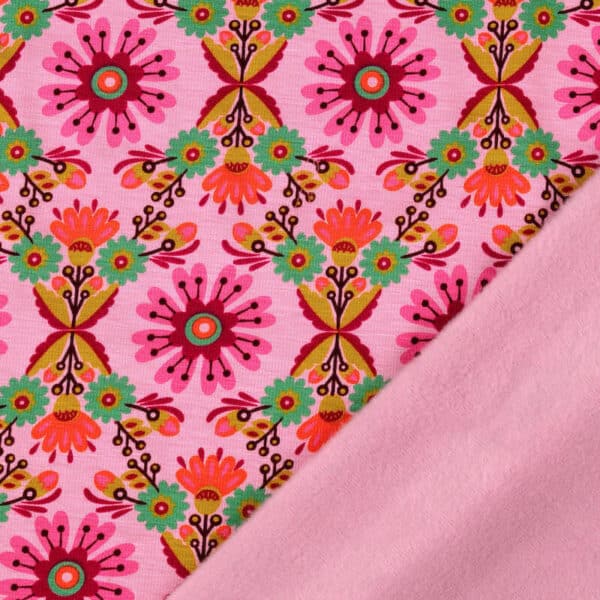 Vibrant Floral on Pink Fleece Back Jersey Fabric in Alpen 3