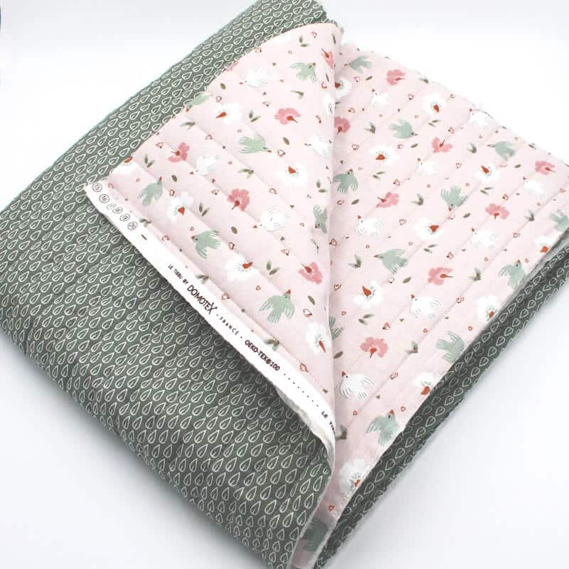 Pre Quilted Double Sided Reversible Cotton Fabric in Adeal Birds Pink and Biona Sage B4 1