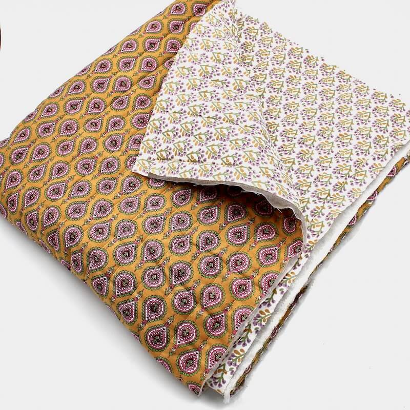 Pre Quilted Double Sided Reversible Cotton Fabric in Paisley Ochre and Tinus_Mauve B2 1