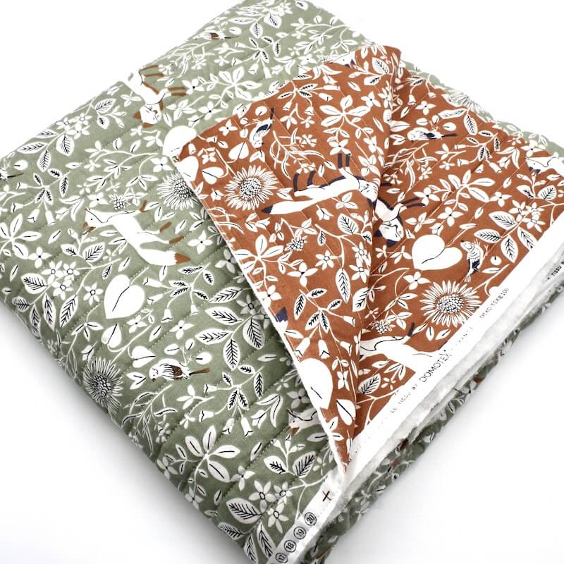 Pre Quilted Double Sided Reversible Cotton Fabric in Campana Foxes Rust and Green A3 1