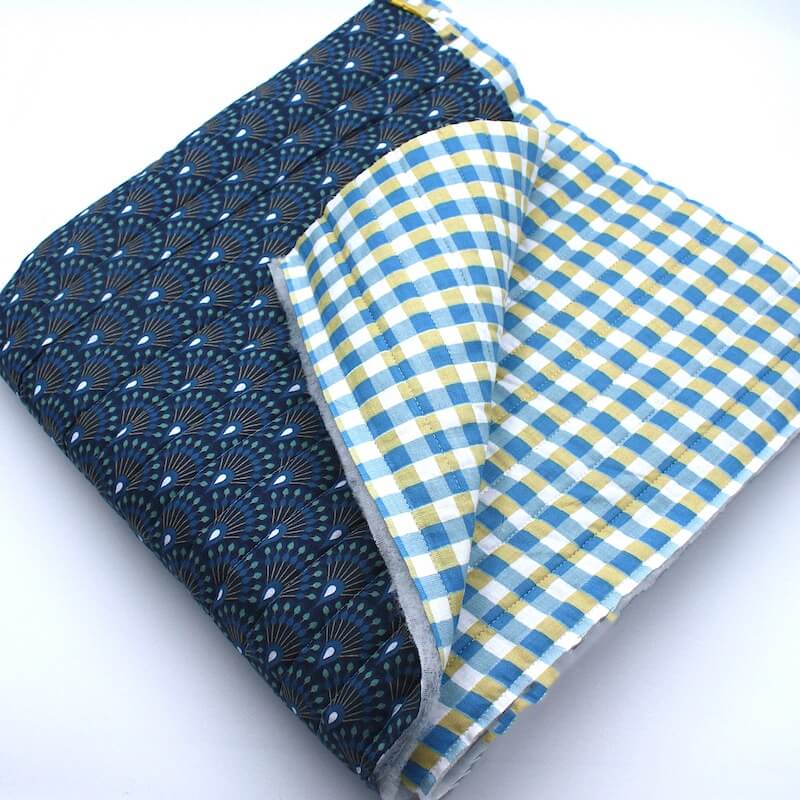 Pre Quilted Double Sided Reversible Cotton Fabric in Ginza Navy and Multi Coloured Blue Gingham A4 1