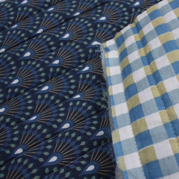 Pre Quilted Double Sided Reversible Cotton Fabric in Ginza Navy and Multi Coloured Blue Gingham A4 4