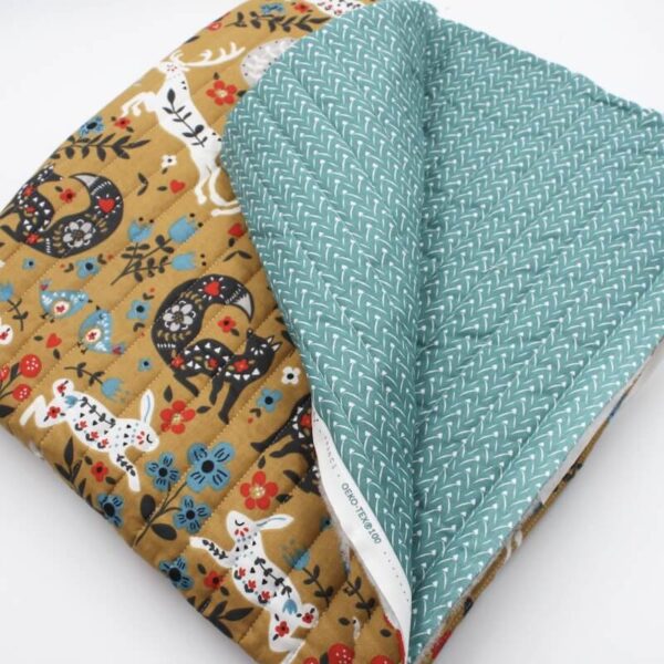 Pre Quilted Double Sided Reversible Cotton Fabric in Gracie Nordic Animals and Lixneg Petrol A13 1
