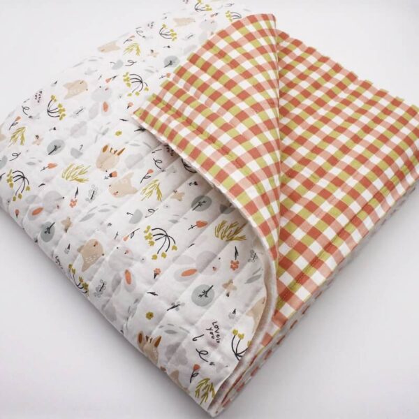Pre Quilted Double Sided Reversible Cotton Fabric in Jojo Kids Print and Multi Coloured Orange/Yellow Gingham A15 1