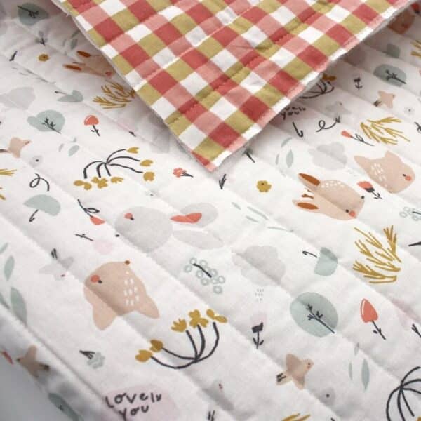 Pre Quilted Double Sided Reversible Cotton Fabric in Jojo Kids Print and Multi Coloured Orange/Yellow Gingham A15 4