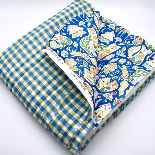 Pre Quilted Double Sided Reversible Cotton Fabric in Lorek Blue Forest and Multi Coloured Blue Gingham A7 1