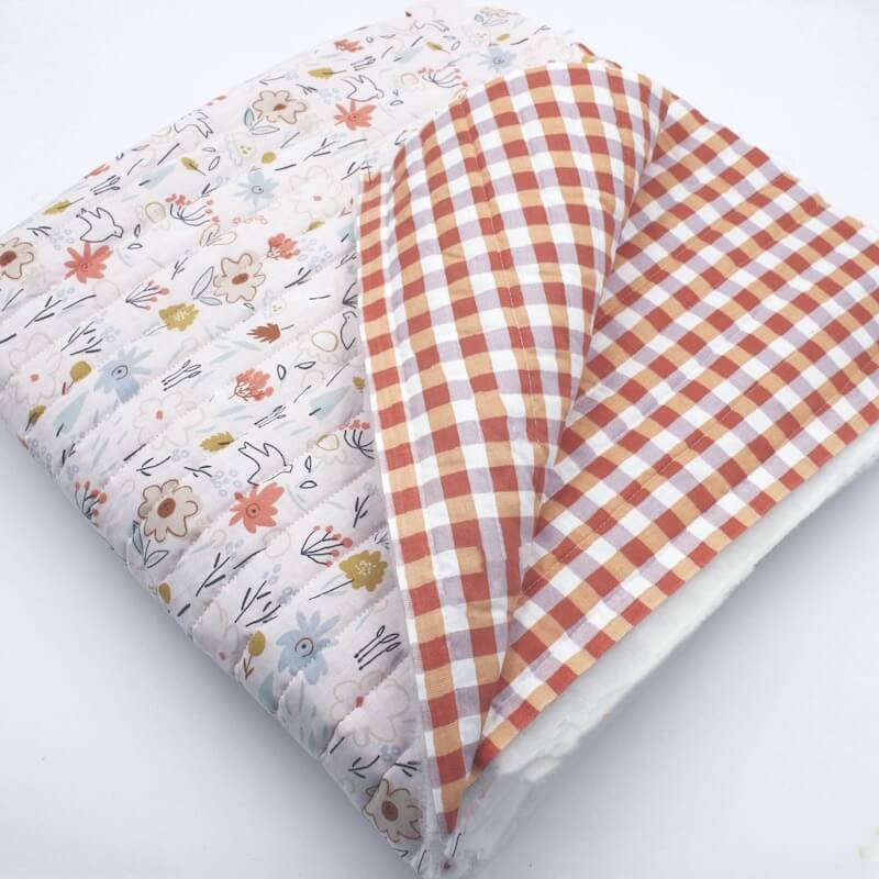 Pre Quilted Double Sided Reversible Cotton Fabric in Nadege Kids Design and Multi Coloured Orange/Mauve Gingham A8 1