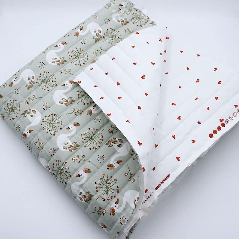 Pre Quilted Double Sided Reversible Cotton Fabric in Swans on Green and Red Hearts A10 1