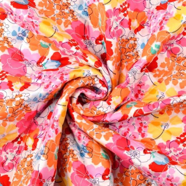 Pre Quilted Double Sided Reversible Cotton Fabric in Vibrant Floral in Pink / Orange 4