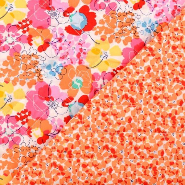 Pre Quilted Double Sided Reversible Cotton Fabric in Vibrant Floral in Pink / Orange 2