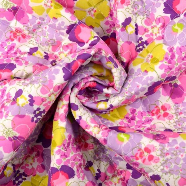 Pre Quilted Double Sided Reversible Cotton Fabric in Vibrant Floral in Pink / Purple 3