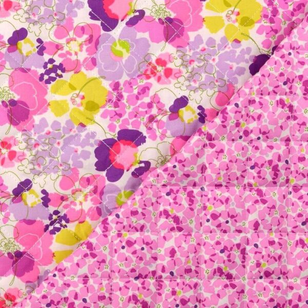 Pre Quilted Double Sided Reversible Cotton Fabric in Vibrant Floral in Pink / Purple 2